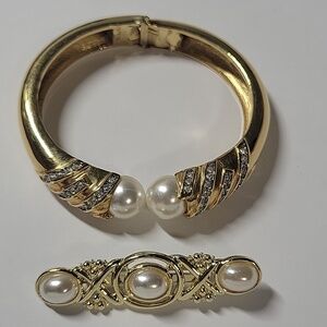 Gold-Tone Pearl & Crystal Hinged Bracelet - Women's Jewelry
